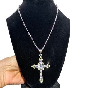 Multi Gemstones in Sterling Cross on Sterling beaded Chain